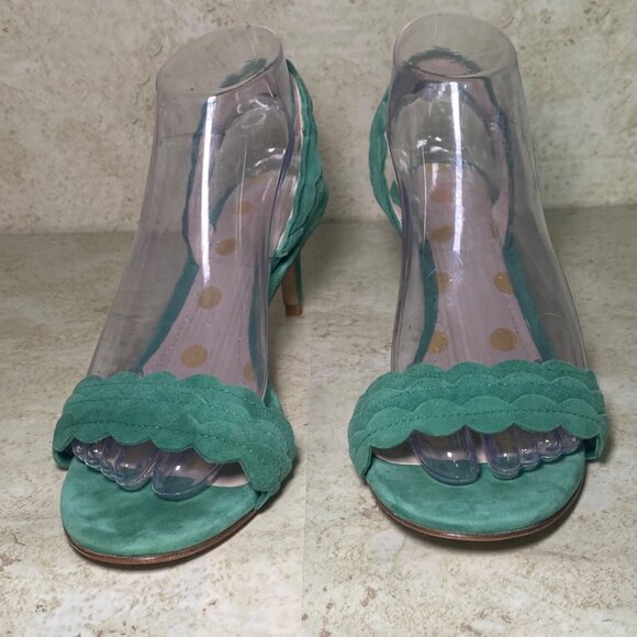 Boden Green Scalloped Suede Open-Toe Slingback Sandal Heels Casual Holiday - Picture 2 of 8